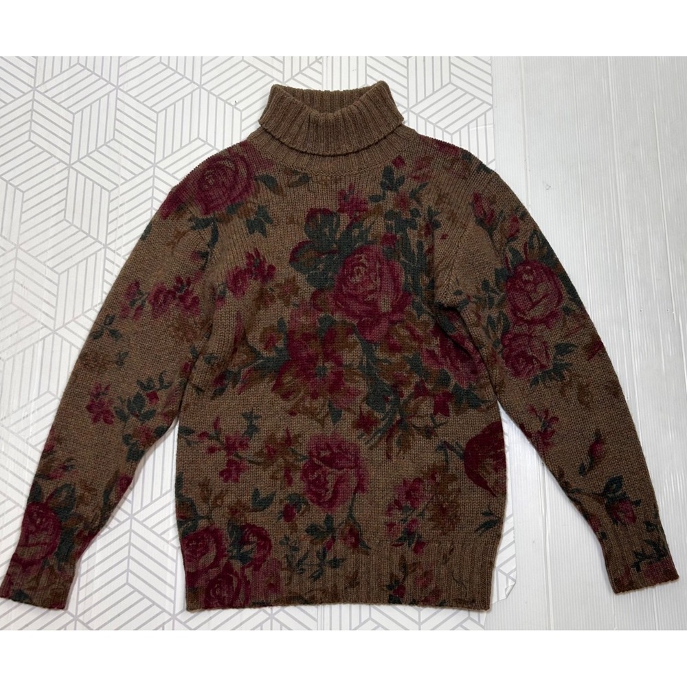 Vintage 90s Ralph Lauren Women's size S Floral Wool Turtleneck Sweater Roses - Picture 3 of 8